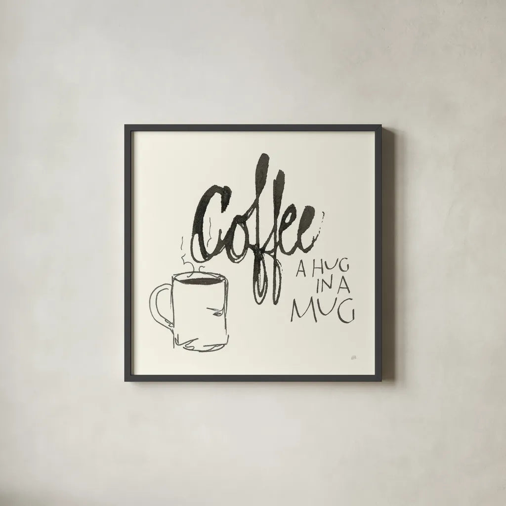Coffee Sayings V by Chris Paschke. Shown in a sleek black glass frame for a contemporary gallery look. Available as an archival giclee rolled canvas, fine art paper, or poster print. SKU 48409a.