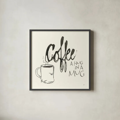 Coffee Sayings V by Chris Paschke. Shown in a sleek black glass frame for a contemporary gallery look. Available as an archival giclee rolled canvas, fine art paper, or poster print. SKU 48409a.