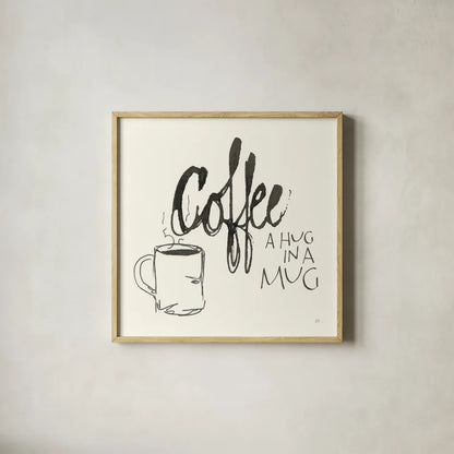 Coffee Sayings V by Chris Paschke. Shown in a natural wood glass frame for a timeless modern aesthetic. Available as an archival giclee rolled canvas, fine art paper, or poster print. SKU 48409a.