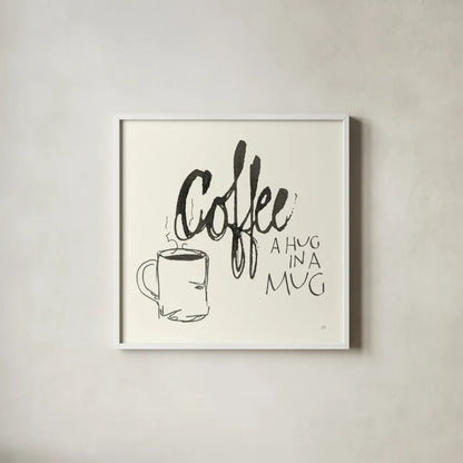 Coffee Sayings V by Chris Paschke. Shown in a crisp white glass frame for a clean and minimalist style. Available as an archival giclee rolled canvas, fine art paper, or poster print. SKU 48409a.