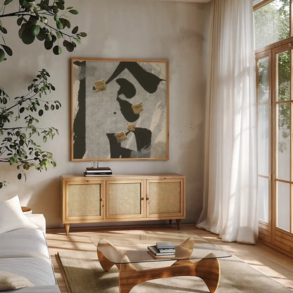 Collage I by Chris Paschke. Shown in a natural wood frame in a cozy modern living room. Available as an archival giclee rolled canvas, fine art paper, or poster print. SKU 32512a.