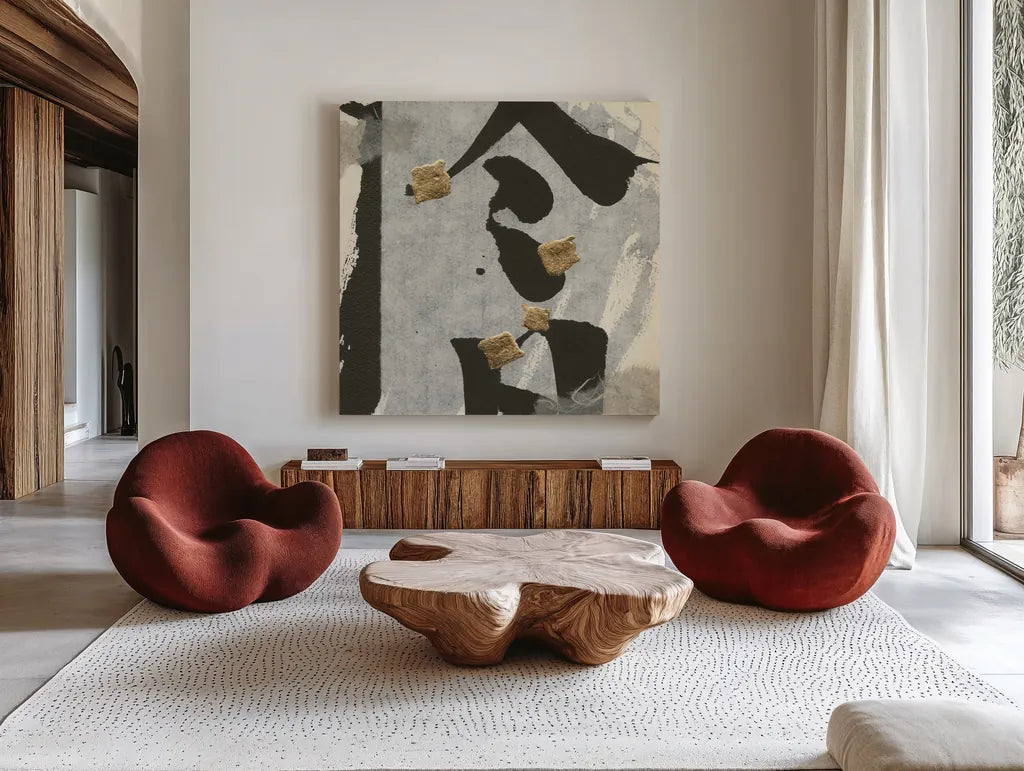 Collage I by Chris Paschke. Shown as extra-large giant wall art in a modern living room. Available as an archival giclee rolled canvas, fine art paper, or poster print. SKU 32512a.