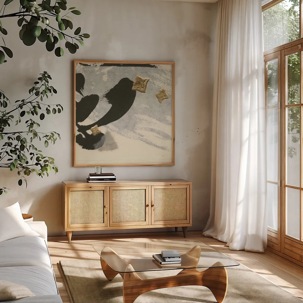 Collage II by Chris Paschke. Shown in a natural wood frame in a cozy modern living room. Available as an archival giclee rolled canvas, fine art paper, or poster print. SKU 32513a.