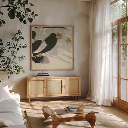 Collage II by Chris Paschke. Shown in a natural wood frame in a cozy modern living room. Available as an archival giclee rolled canvas, fine art paper, or poster print. SKU 32513a.