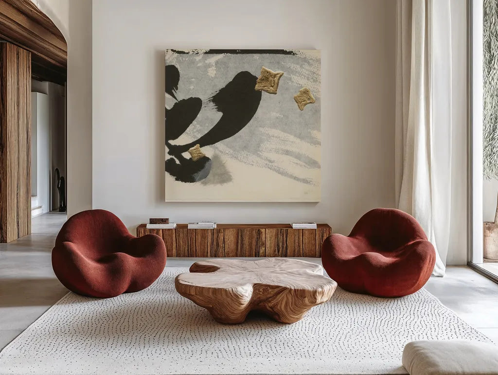 Collage II by Chris Paschke. Shown as extra-large giant wall art in a modern living room. Available as an archival giclee rolled canvas, fine art paper, or poster print. SKU 32513a.