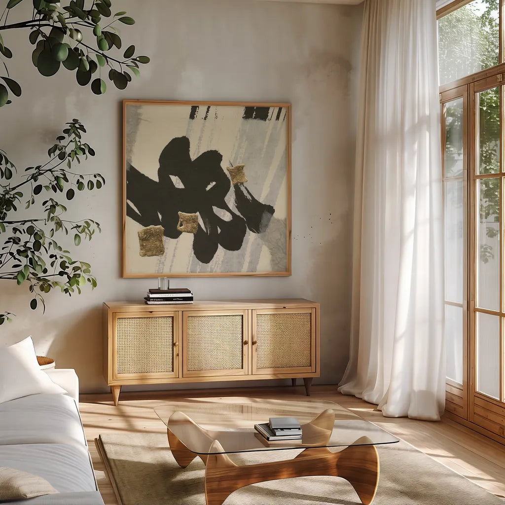 Collage III by Chris Paschke. Shown in a natural wood frame in a cozy modern living room. Available as an archival giclee rolled canvas, fine art paper, or poster print. SKU 32514a.