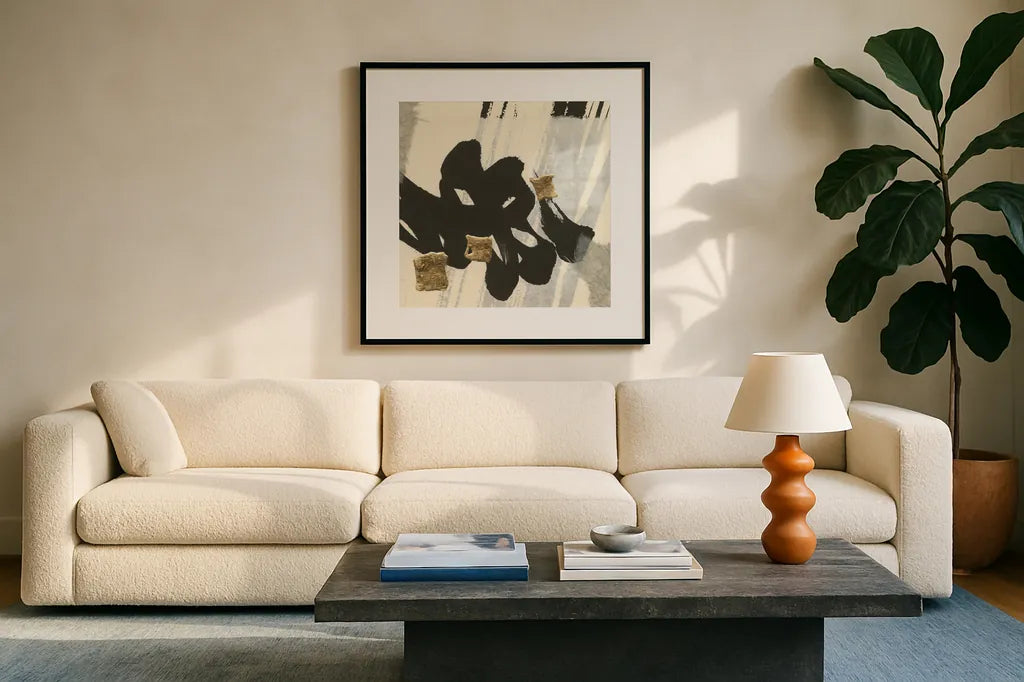 Collage III by Chris Paschke. Displayed in a glass frame with matte in a clean modern living room. Available as an archival giclee rolled canvas, fine art paper, or poster print. SKU 32514a.