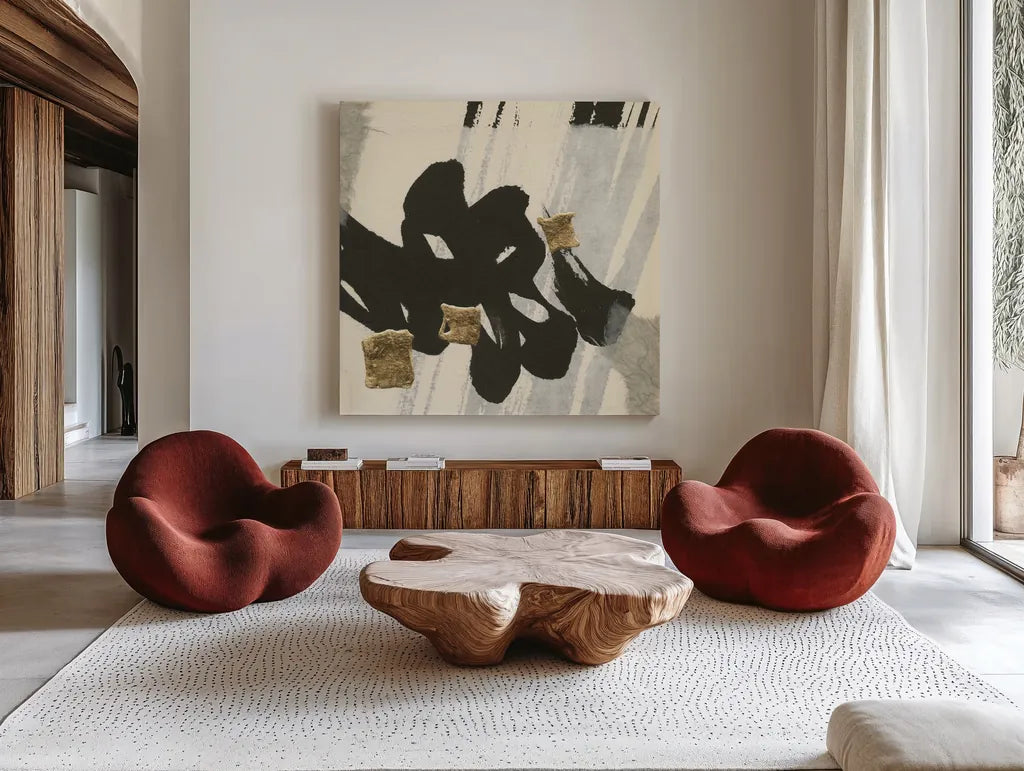 Collage III by Chris Paschke. Shown as extra-large giant wall art in a modern living room. Available as an archival giclee rolled canvas, fine art paper, or poster print. SKU 32514a.