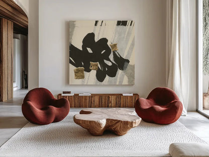 Collage III by Chris Paschke. Shown as extra-large giant wall art in a modern living room. Available as an archival giclee rolled canvas, fine art paper, or poster print. SKU 32514a.