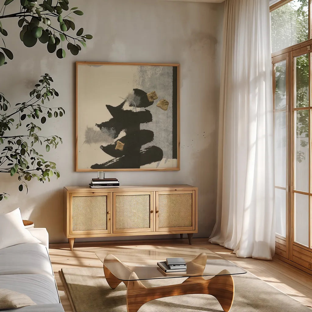 Collage IV by Chris Paschke. Shown in a natural wood frame in a cozy modern living room. Available as an archival giclee rolled canvas, fine art paper, or poster print. SKU 32515a.