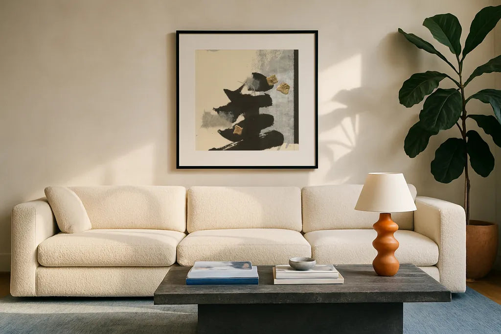 Collage IV by Chris Paschke. Displayed in a glass frame with matte in a clean modern living room. Available as an archival giclee rolled canvas, fine art paper, or poster print. SKU 32515a.