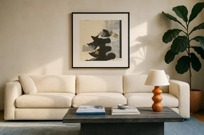 Collage IV by Chris Paschke. Displayed in a glass frame with matte in a clean modern living room. Available as an archival giclee rolled canvas, fine art paper, or poster print. SKU 32515a.