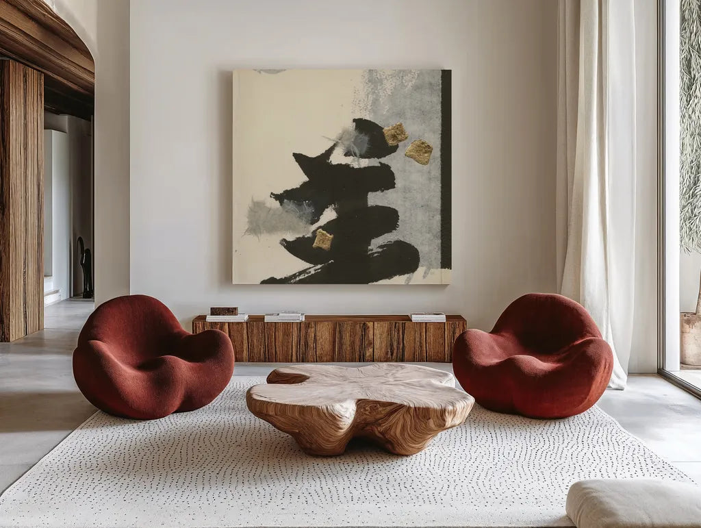 Collage IV by Chris Paschke. Shown as extra-large giant wall art in a modern living room. Available as an archival giclee rolled canvas, fine art paper, or poster print. SKU 32515a.