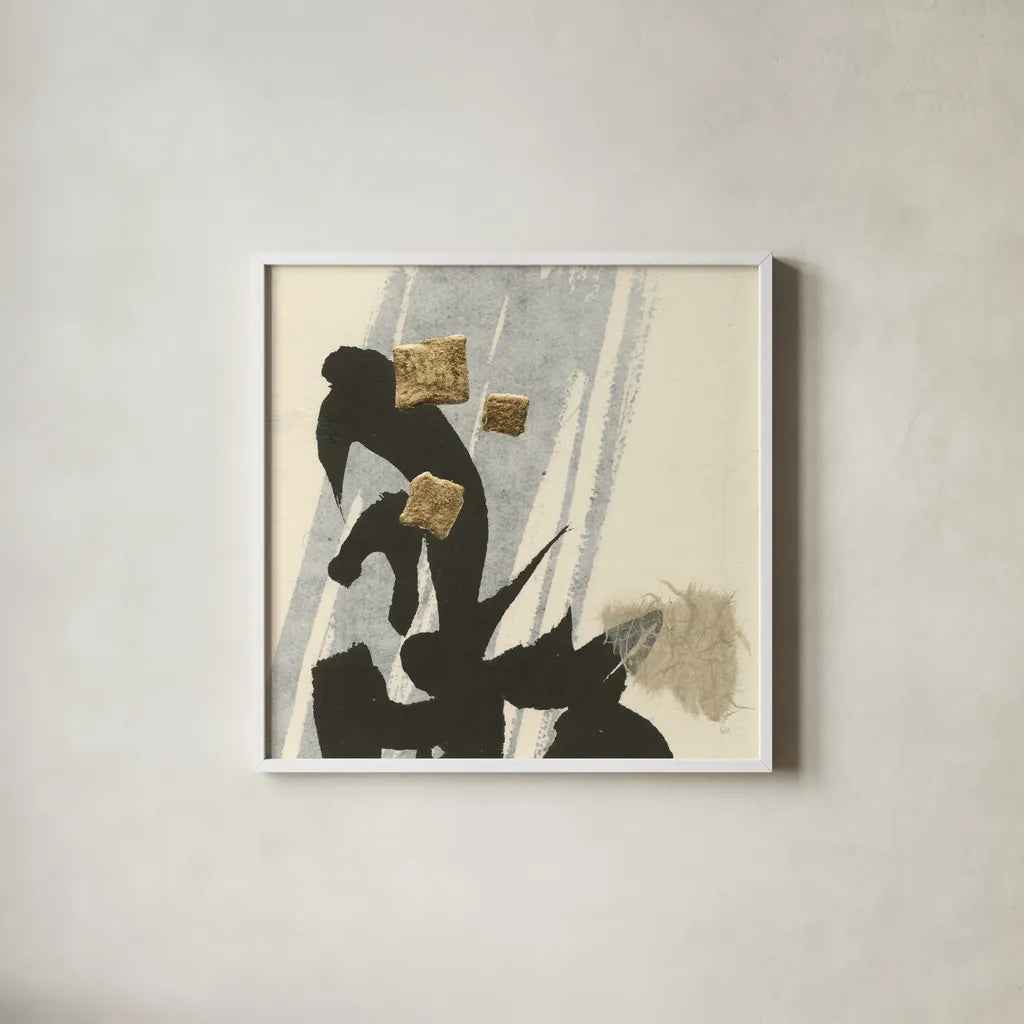 Collage IX by Chris Paschke. Shown in a crisp white glass frame for a clean and minimalist style. Available as an archival giclee rolled canvas, fine art paper, or poster print. SKU 32520a.