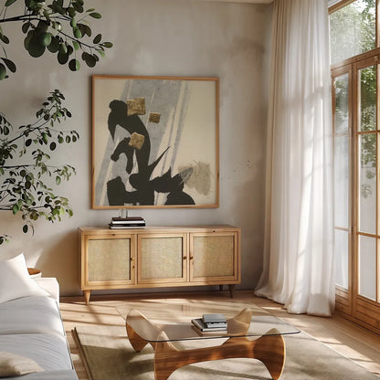 Collage IX by Chris Paschke. Shown in a natural wood frame in a cozy modern living room. Available as an archival giclee rolled canvas, fine art paper, or poster print. SKU 32520a.