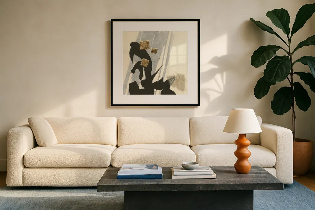 Collage IX by Chris Paschke. Displayed in a glass frame with matte in a clean modern living room. Available as an archival giclee rolled canvas, fine art paper, or poster print. SKU 32520a.