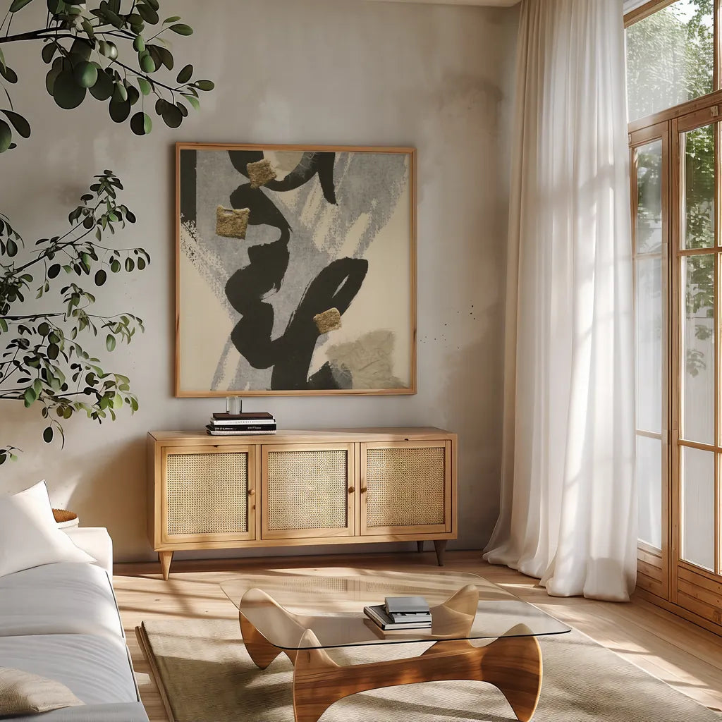 Collage V by Chris Paschke. Shown in a natural wood frame in a cozy modern living room. Available as an archival giclee rolled canvas, fine art paper, or poster print. SKU 32516a.