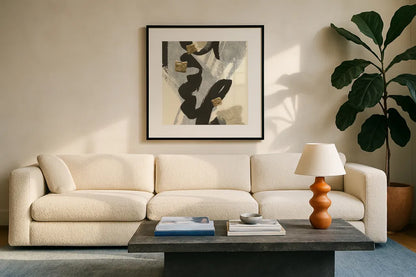 Collage V by Chris Paschke. Displayed in a glass frame with matte in a clean modern living room. Available as an archival giclee rolled canvas, fine art paper, or poster print. SKU 32516a.