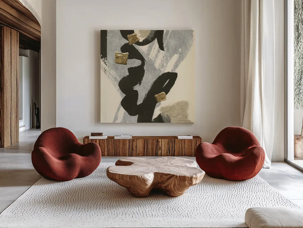 Collage V by Chris Paschke. Shown as extra-large giant wall art in a modern living room. Available as an archival giclee rolled canvas, fine art paper, or poster print. SKU 32516a.