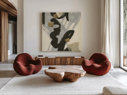 Collage V by Chris Paschke. Shown as extra-large giant wall art in a modern living room. Available as an archival giclee rolled canvas, fine art paper, or poster print. SKU 32516a.