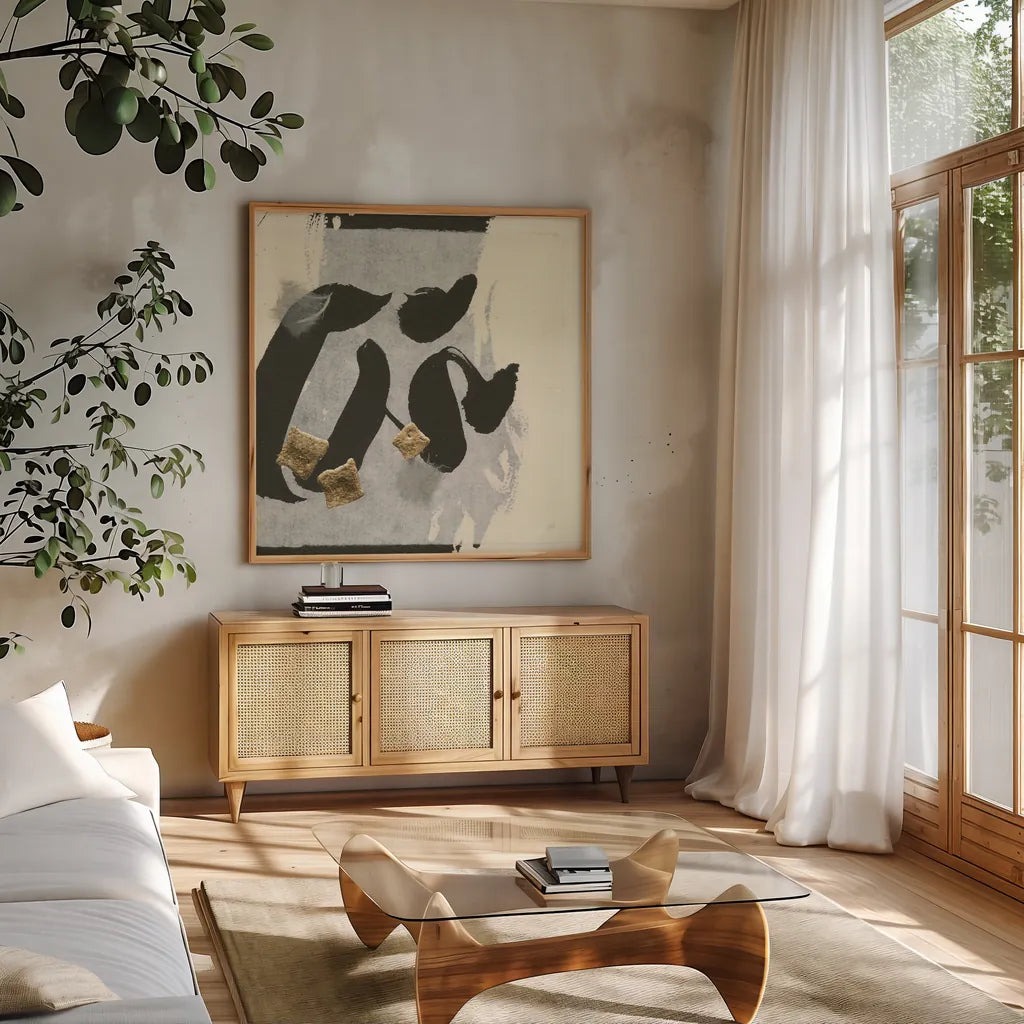 Collage VI by Chris Paschke. Shown in a natural wood frame in a cozy modern living room. Available as an archival giclee rolled canvas, fine art paper, or poster print. SKU 32517a.