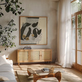 Collage VI by Chris Paschke. Shown in a natural wood frame in a cozy modern living room. Available as an archival giclee rolled canvas, fine art paper, or poster print. SKU 32517a.