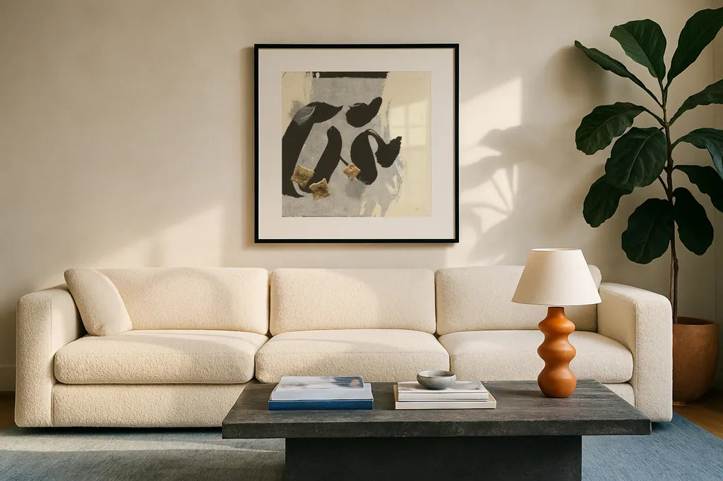 Collage VI by Chris Paschke. Displayed in a glass frame with matte in a clean modern living room. Available as an archival giclee rolled canvas, fine art paper, or poster print. SKU 32517a.
