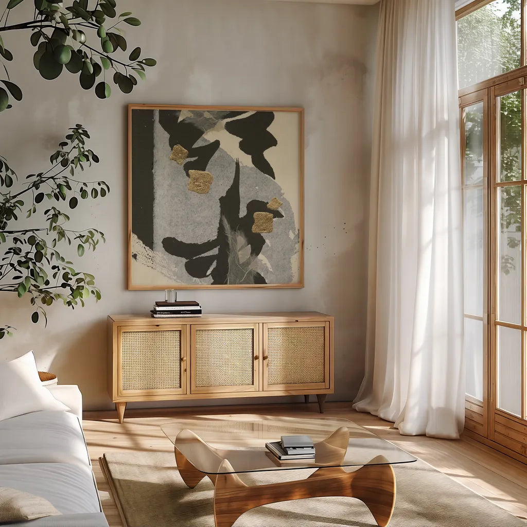 Collage VII by Chris Paschke. Shown in a natural wood frame in a cozy modern living room. Available as an archival giclee rolled canvas, fine art paper, or poster print. SKU 32518a.