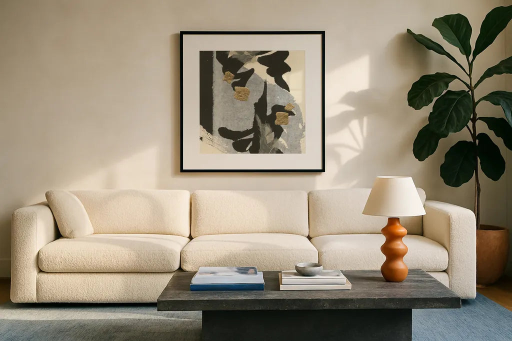 Collage VII by Chris Paschke. Displayed in a glass frame with matte in a clean modern living room. Available as an archival giclee rolled canvas, fine art paper, or poster print. SKU 32518a.