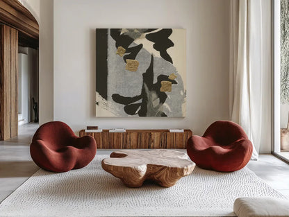 Collage VII by Chris Paschke. Shown as extra-large giant wall art in a modern living room. Available as an archival giclee rolled canvas, fine art paper, or poster print. SKU 32518a.