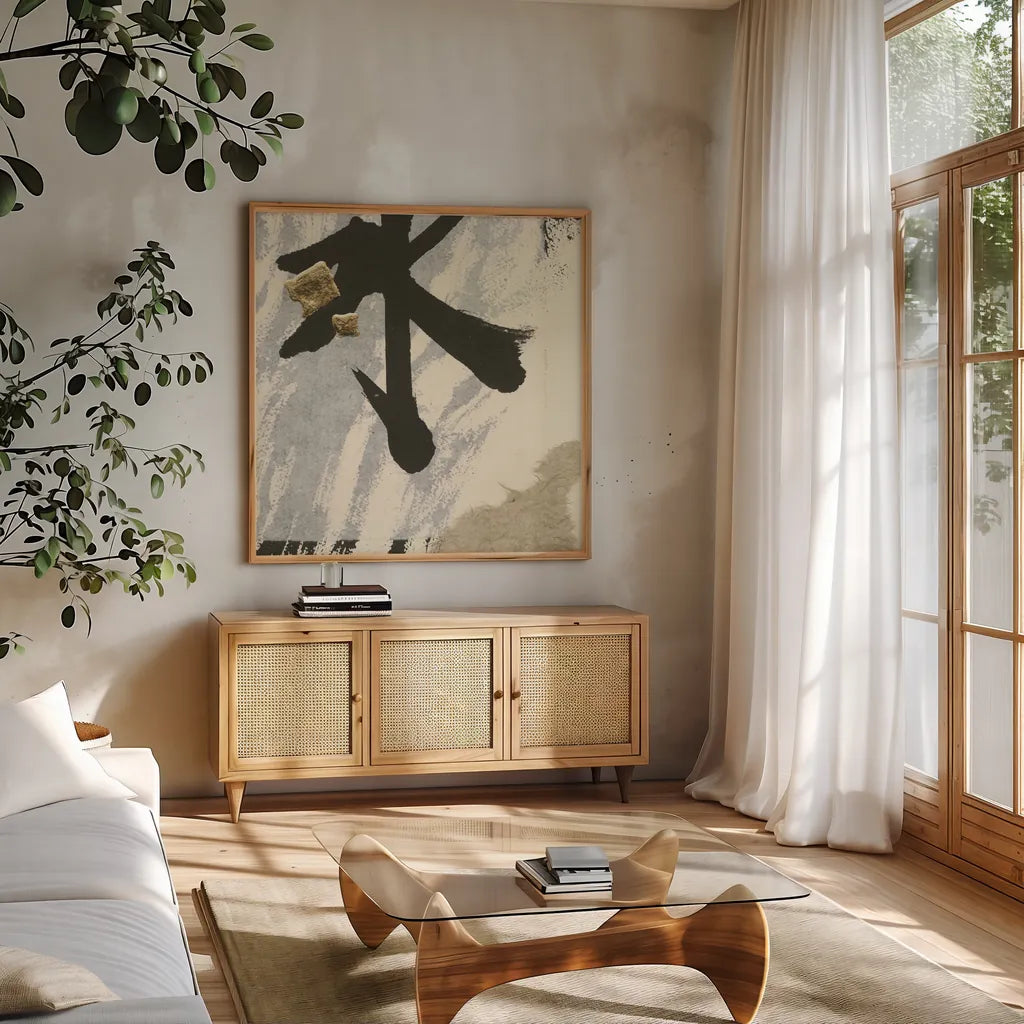 Collage VIII by Chris Paschke. Shown in a natural wood frame in a cozy modern living room. Available as an archival giclee rolled canvas, fine art paper, or poster print. SKU 32519a.