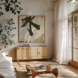 Collage VIII by Chris Paschke. Shown in a natural wood frame in a cozy modern living room. Available as an archival giclee rolled canvas, fine art paper, or poster print. SKU 32519a.
