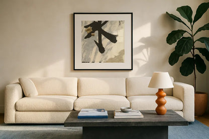 Collage VIII by Chris Paschke. Displayed in a glass frame with matte in a clean modern living room. Available as an archival giclee rolled canvas, fine art paper, or poster print. SKU 32519a.