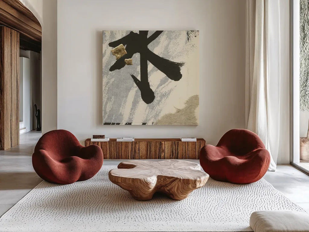 Collage VIII by Chris Paschke. Shown as extra-large giant wall art in a modern living room. Available as an archival giclee rolled canvas, fine art paper, or poster print. SKU 32519a.