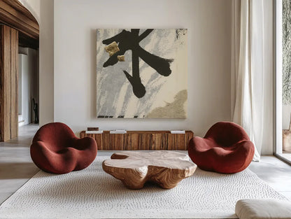 Collage VIII by Chris Paschke. Shown as extra-large giant wall art in a modern living room. Available as an archival giclee rolled canvas, fine art paper, or poster print. SKU 32519a.