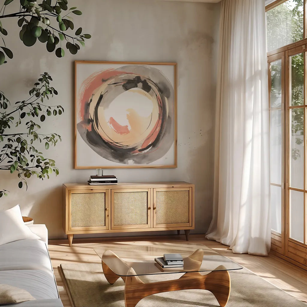 Coming to Life I by Chris Paschke. Shown in a natural wood frame in a cozy modern living room. Available as an archival giclee rolled canvas, fine art paper, or poster print. SKU 70677a.