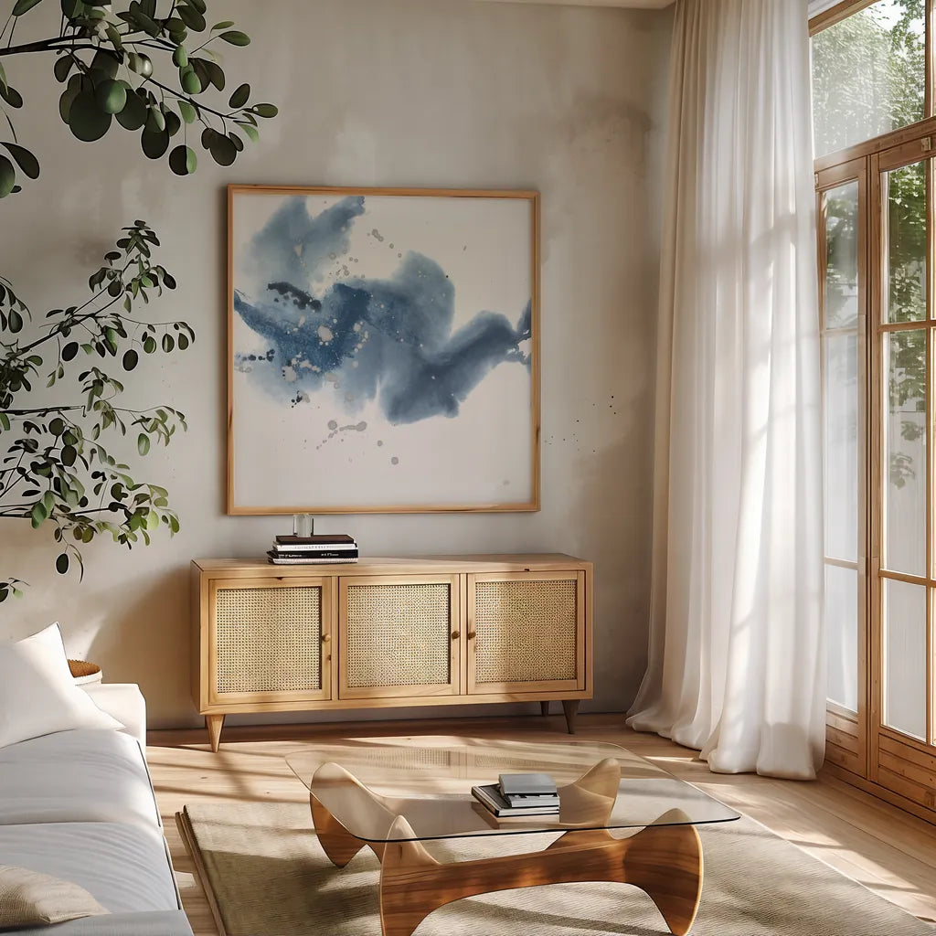 Connecting the Dots I by Chris Paschke. Shown in a natural wood frame in a cozy modern living room. Available as an archival giclee rolled canvas, fine art paper, or poster print. SKU 83777a.