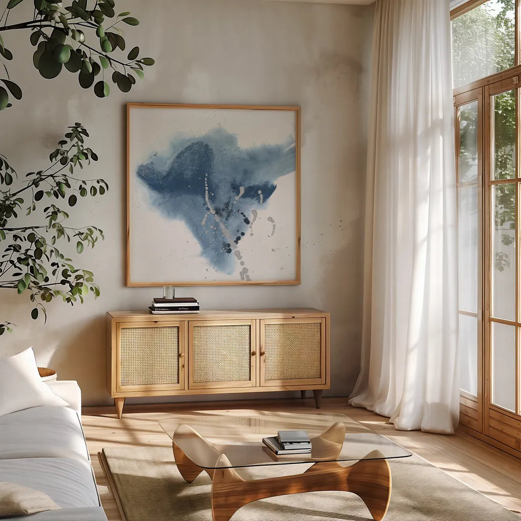 Connecting the Dots II by Chris Paschke. Shown in a natural wood frame in a cozy modern living room. Available as an archival giclee rolled canvas, fine art paper, or poster print. SKU 83778a.