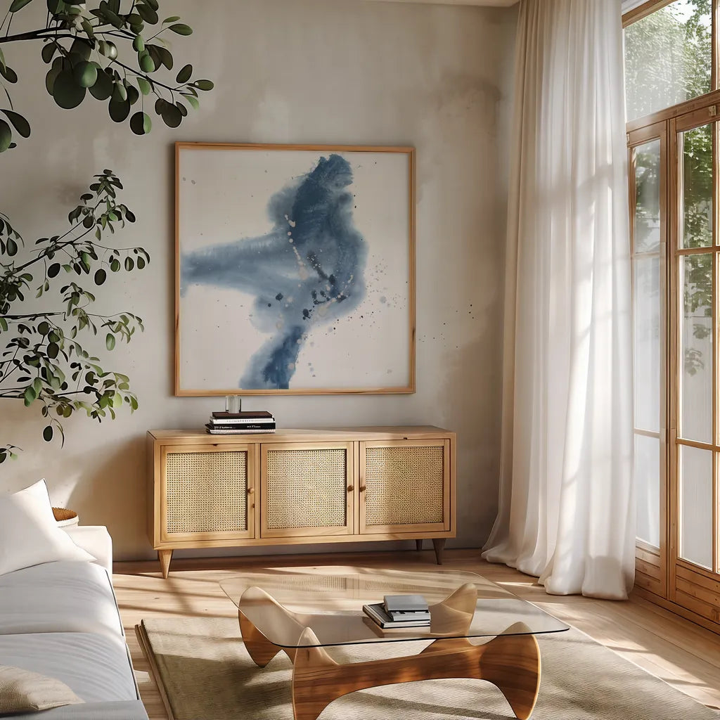 Connecting the Dots III by Chris Paschke. Shown in a natural wood frame in a cozy modern living room. Available as an archival giclee rolled canvas, fine art paper, or poster print. SKU 83779a.