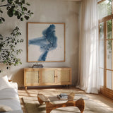 Connecting the Dots III Dark Denim by Chris Paschke. Shown in a natural wood frame in a cozy modern living room. Available as an archival giclee rolled canvas, fine art paper, or poster print. SKU 88511a.