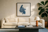 Connecting the Dots IV Dark Denim by Chris Paschke. Displayed in a glass frame with matte in a clean modern living room. Available as an archival giclee rolled canvas, fine art paper, or poster print. SKU 88512a.