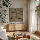 Contemporary Scroll Square III by Chris Paschke. Shown in a natural wood frame in a cozy modern living room. Available as an archival giclee rolled canvas, fine art paper, or poster print. SKU 9422a.