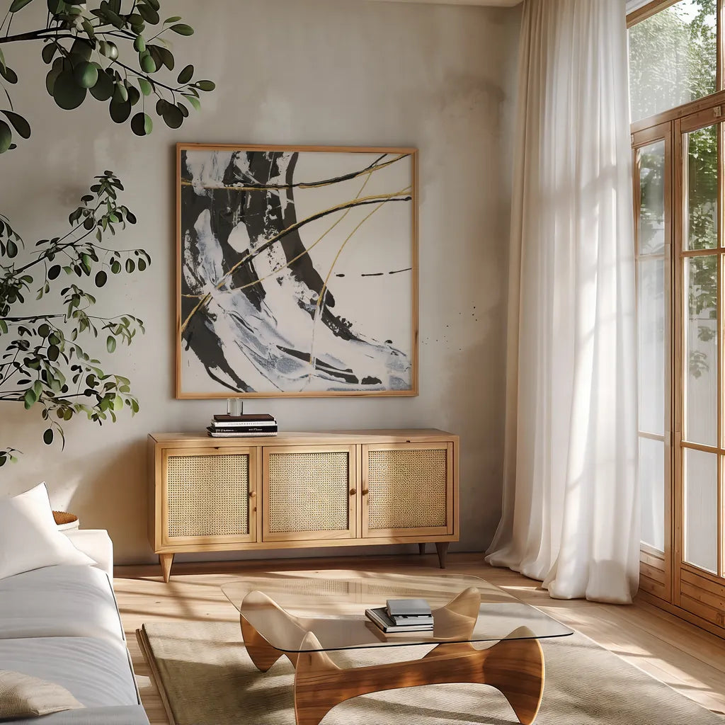 Continuum I by Chris Paschke. Shown in a natural wood frame in a cozy modern living room. Available as an archival giclee rolled canvas, fine art paper, or poster print. SKU 71879a.