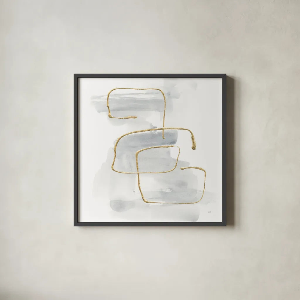 Cool Gray Gold I by Chris Paschke. Shown in a sleek black glass frame for a contemporary gallery look. Available as an archival giclee rolled canvas, fine art paper, or poster print. SKU 67684a.