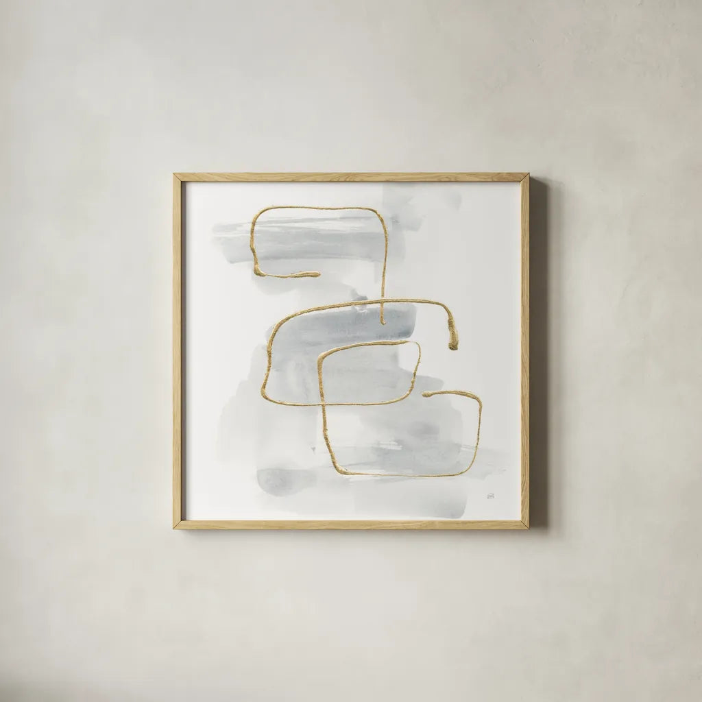 Cool Gray Gold I by Chris Paschke. Shown in a natural wood glass frame for a timeless modern aesthetic. Available as an archival giclee rolled canvas, fine art paper, or poster print. SKU 67684a.