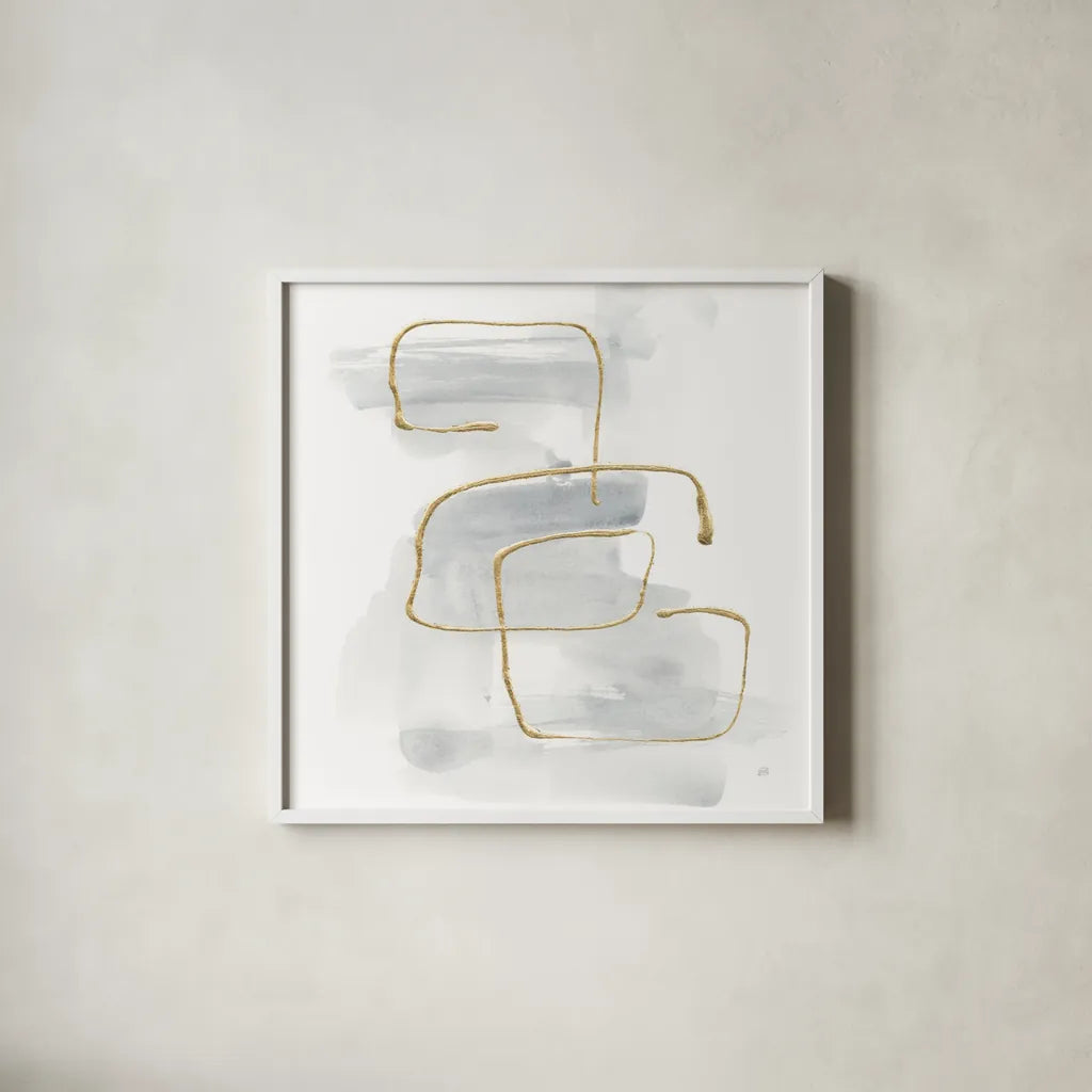Cool Gray Gold I by Chris Paschke. Shown in a crisp white glass frame for a clean and minimalist style. Available as an archival giclee rolled canvas, fine art paper, or poster print. SKU 67684a.