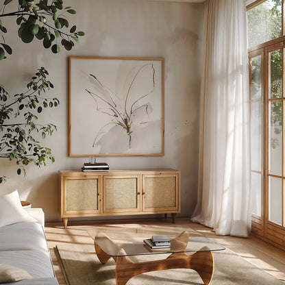 Cool Gray VII by Chris Paschke. Shown in a natural wood frame in a cozy modern living room. Available as an archival giclee rolled canvas, fine art paper, or poster print. SKU 67903a.