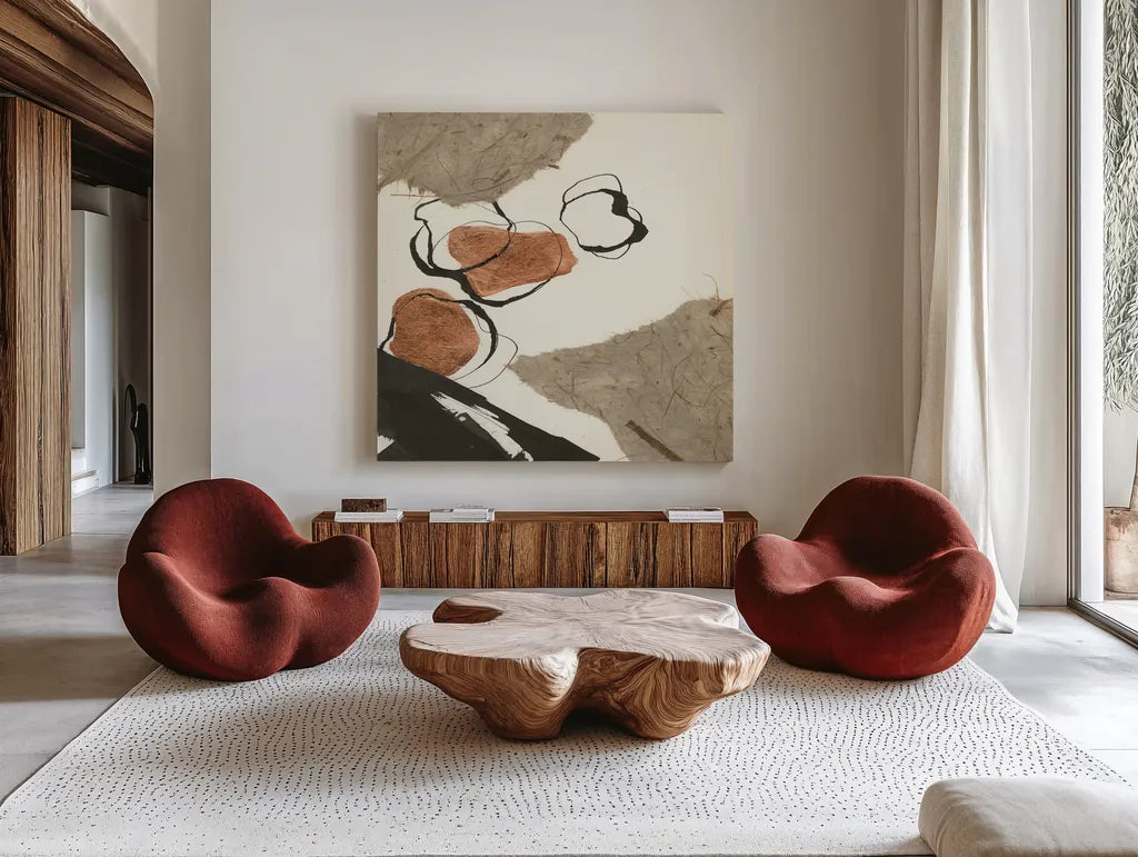 Copper Linked III by Chris Paschke. Shown as extra-large giant wall art in a modern living room. Available as an archival giclee rolled canvas, fine art paper, or poster print. SKU 67342a.