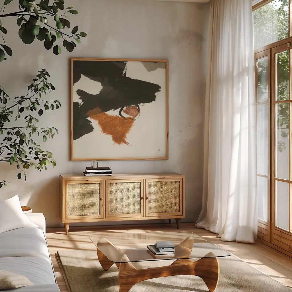 Copper Linked IV by Chris Paschke. Shown in a natural wood frame in a cozy modern living room. Available as an archival giclee rolled canvas, fine art paper, or poster print. SKU 67343a.