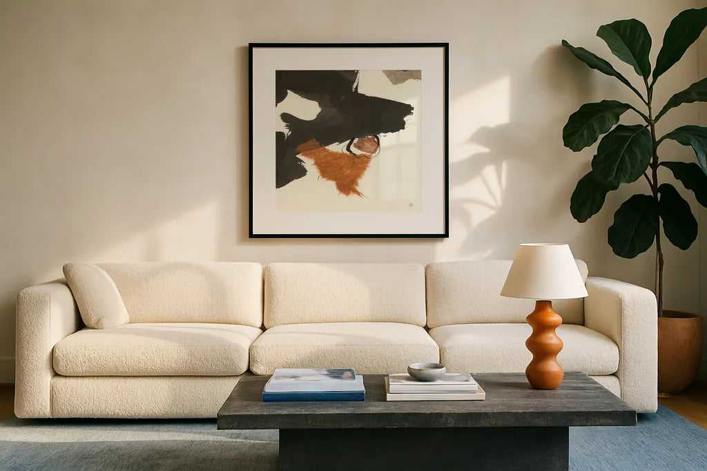 Copper Linked IV by Chris Paschke. Displayed in a glass frame with matte in a clean modern living room. Available as an archival giclee rolled canvas, fine art paper, or poster print. SKU 67343a.